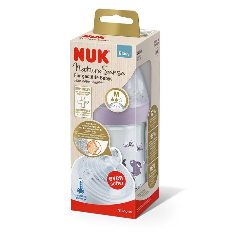 NUK Nature Sense Perfect Start Lot 4 biberons anti-coliques- 0-18 mois -  Tétine en silicone imitant le sein - inclus 1 sucette, 1 goupillon et plus  encore - Sans BPA - Lot